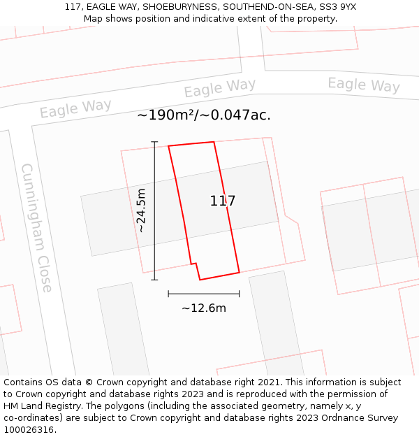 117, EAGLE WAY, SHOEBURYNESS, SOUTHEND-ON-SEA, SS3 9YX: Plot and title map