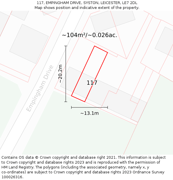 117, EMPINGHAM DRIVE, SYSTON, LEICESTER, LE7 2DL: Plot and title map
