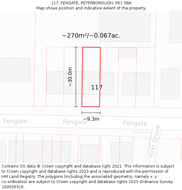 117, FENGATE, PETERBOROUGH, PE1 5BA: Plot and title map