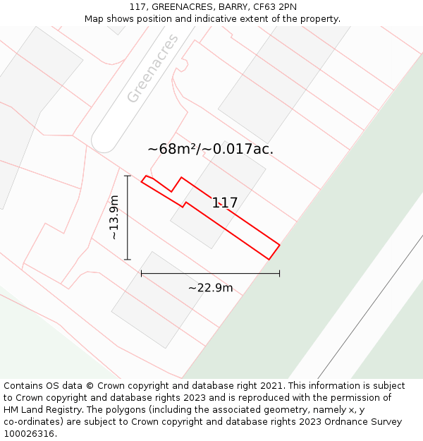 117, GREENACRES, BARRY, CF63 2PN: Plot and title map