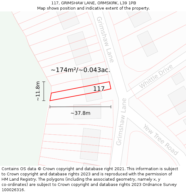 117, GRIMSHAW LANE, ORMSKIRK, L39 1PB: Plot and title map