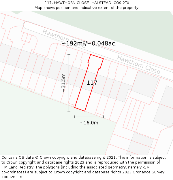 117, HAWTHORN CLOSE, HALSTEAD, CO9 2TX: Plot and title map