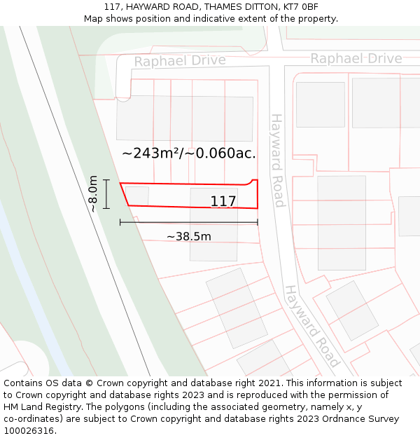117, HAYWARD ROAD, THAMES DITTON, KT7 0BF: Plot and title map