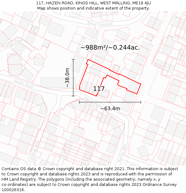 117, HAZEN ROAD, KINGS HILL, WEST MALLING, ME19 4JU: Plot and title map