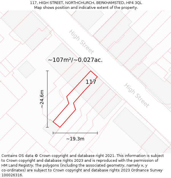 117, HIGH STREET, NORTHCHURCH, BERKHAMSTED, HP4 3QL: Plot and title map