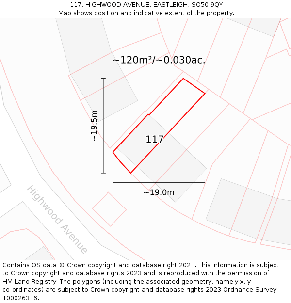 117, HIGHWOOD AVENUE, EASTLEIGH, SO50 9QY: Plot and title map