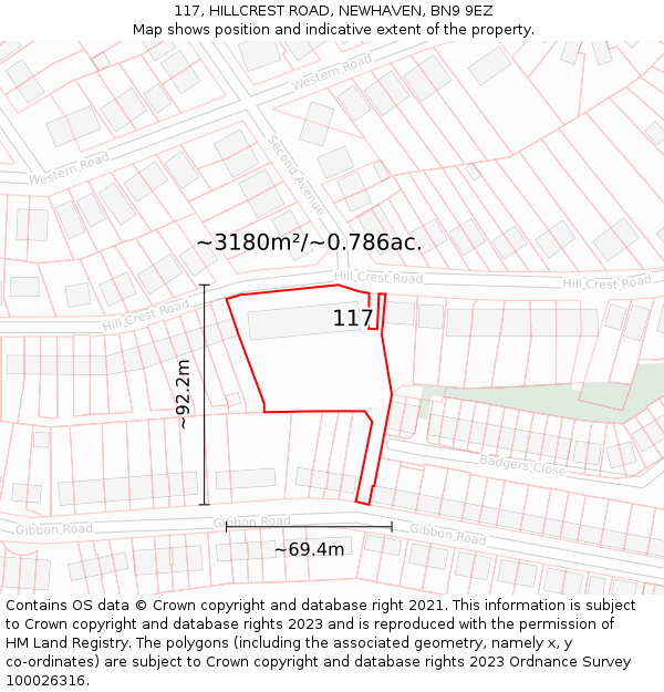 117, HILLCREST ROAD, NEWHAVEN, BN9 9EZ: Plot and title map