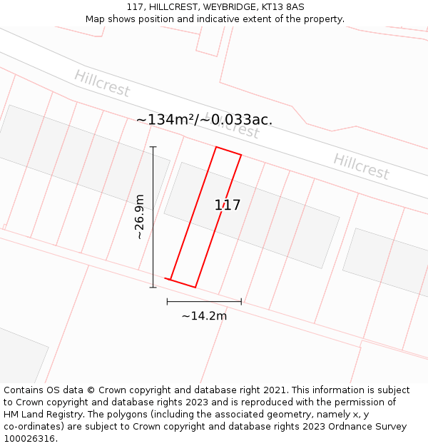 117, HILLCREST, WEYBRIDGE, KT13 8AS: Plot and title map