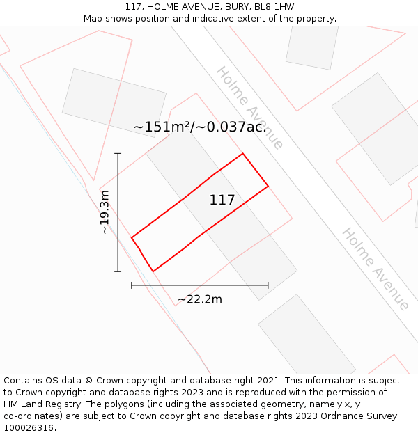 117, HOLME AVENUE, BURY, BL8 1HW: Plot and title map
