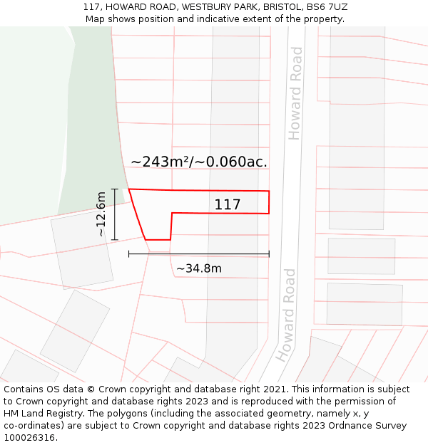 117, HOWARD ROAD, WESTBURY PARK, BRISTOL, BS6 7UZ: Plot and title map