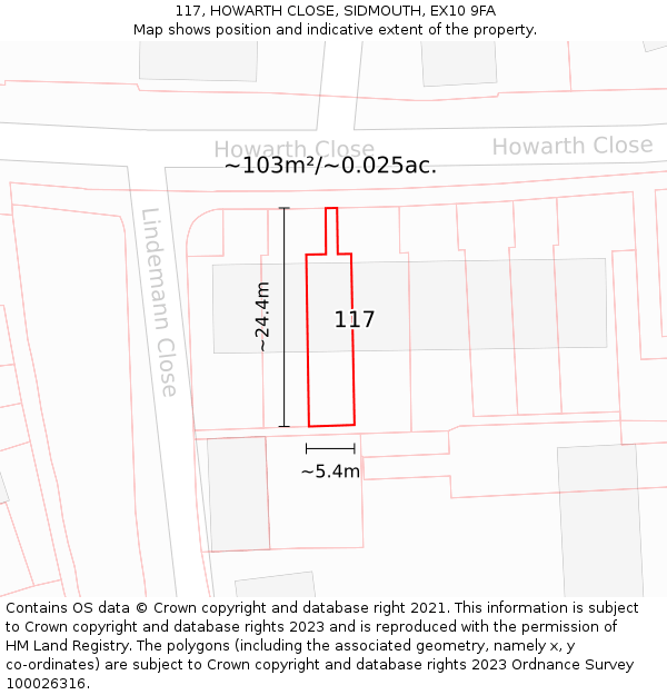 117, HOWARTH CLOSE, SIDMOUTH, EX10 9FA: Plot and title map