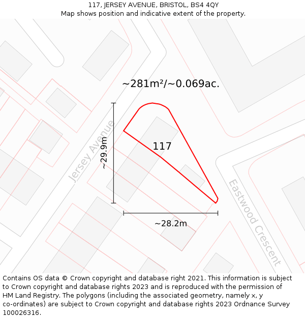 117, JERSEY AVENUE, BRISTOL, BS4 4QY: Plot and title map