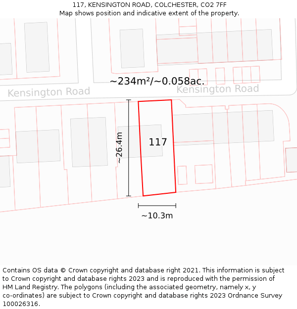 117, KENSINGTON ROAD, COLCHESTER, CO2 7FF: Plot and title map