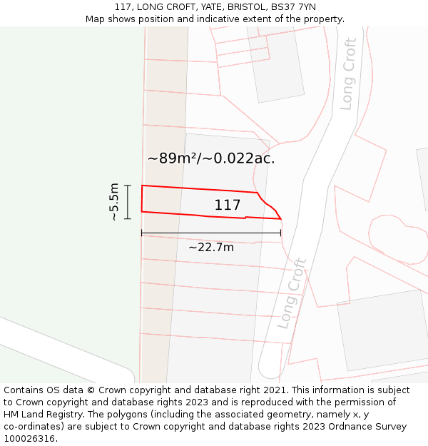 117, LONG CROFT, YATE, BRISTOL, BS37 7YN: Plot and title map