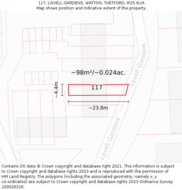 117, LOVELL GARDENS, WATTON, THETFORD, IP25 6UA: Plot and title map