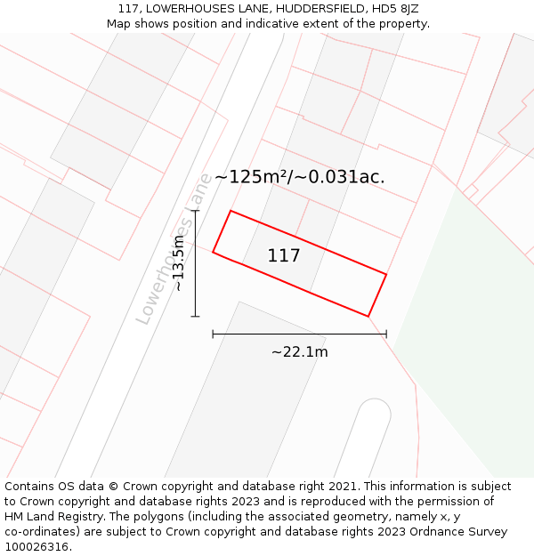 117, LOWERHOUSES LANE, HUDDERSFIELD, HD5 8JZ: Plot and title map
