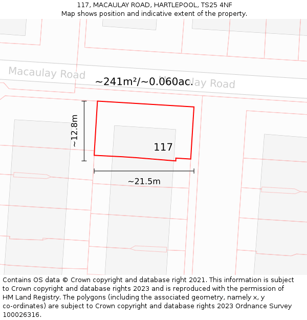 117, MACAULAY ROAD, HARTLEPOOL, TS25 4NF: Plot and title map