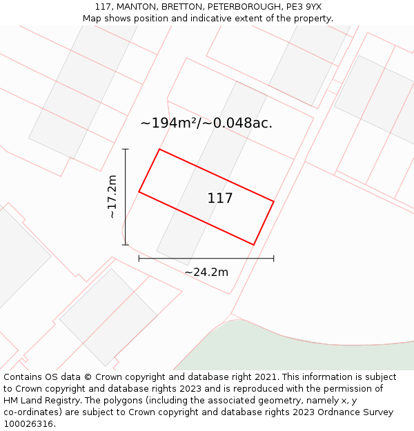 117, MANTON, BRETTON, PETERBOROUGH, PE3 9YX: Plot and title map