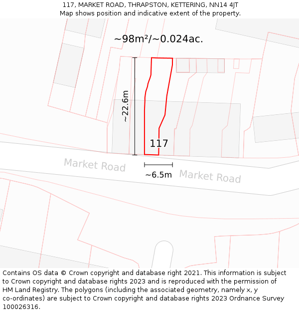 117, MARKET ROAD, THRAPSTON, KETTERING, NN14 4JT: Plot and title map