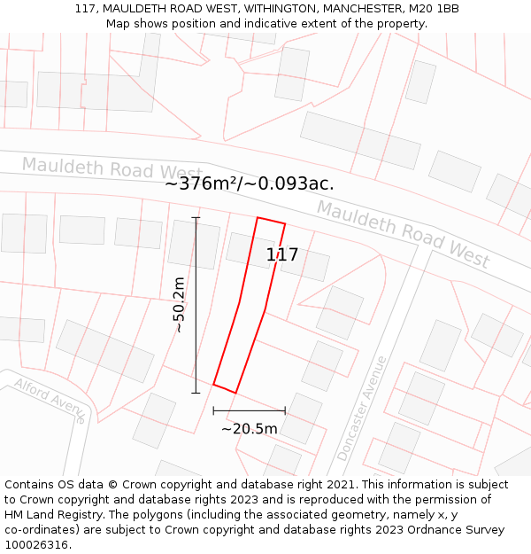 117, MAULDETH ROAD WEST, WITHINGTON, MANCHESTER, M20 1BB: Plot and title map