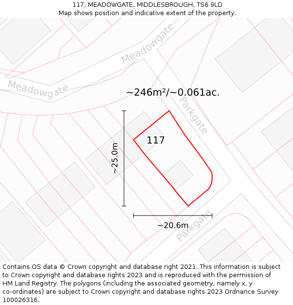 117, MEADOWGATE, MIDDLESBROUGH, TS6 9LD: Plot and title map