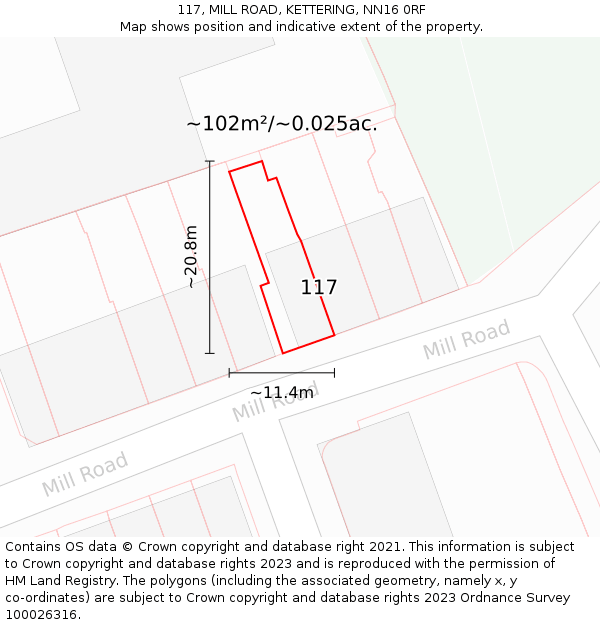 117, MILL ROAD, KETTERING, NN16 0RF: Plot and title map