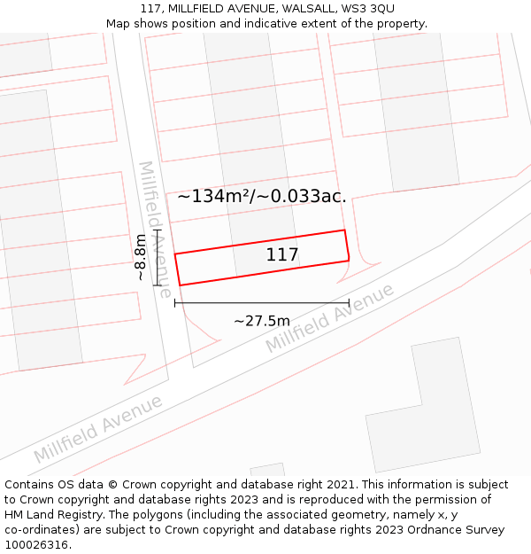 117, MILLFIELD AVENUE, WALSALL, WS3 3QU: Plot and title map