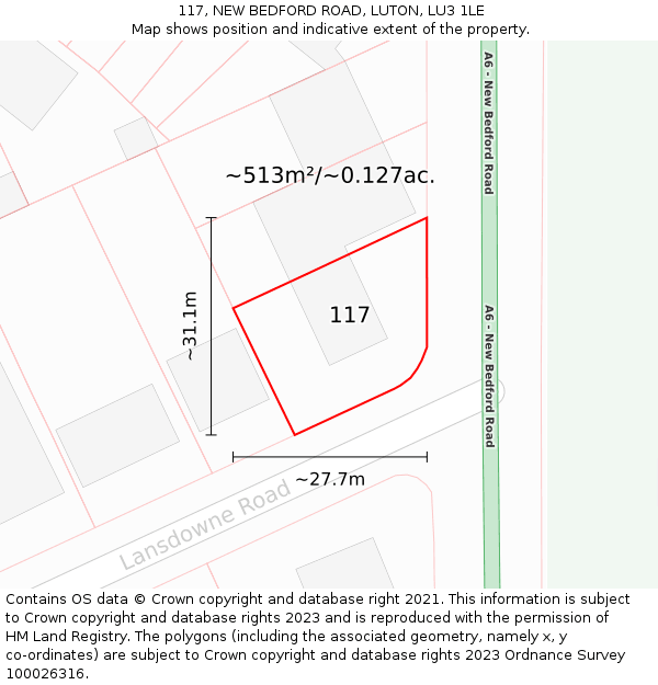 117, NEW BEDFORD ROAD, LUTON, LU3 1LE: Plot and title map