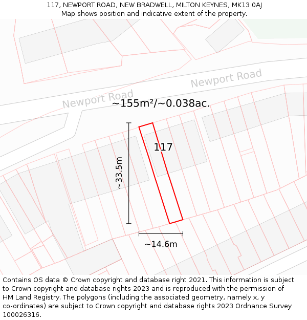 117, NEWPORT ROAD, NEW BRADWELL, MILTON KEYNES, MK13 0AJ: Plot and title map