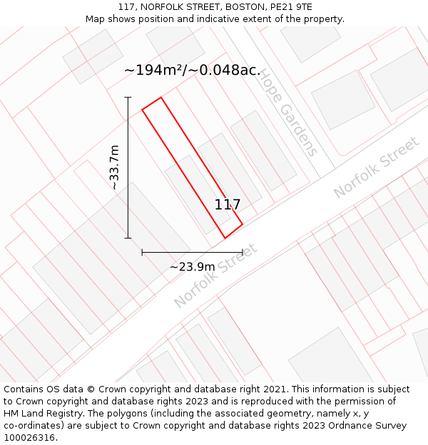 117, NORFOLK STREET, BOSTON, PE21 9TE: Plot and title map