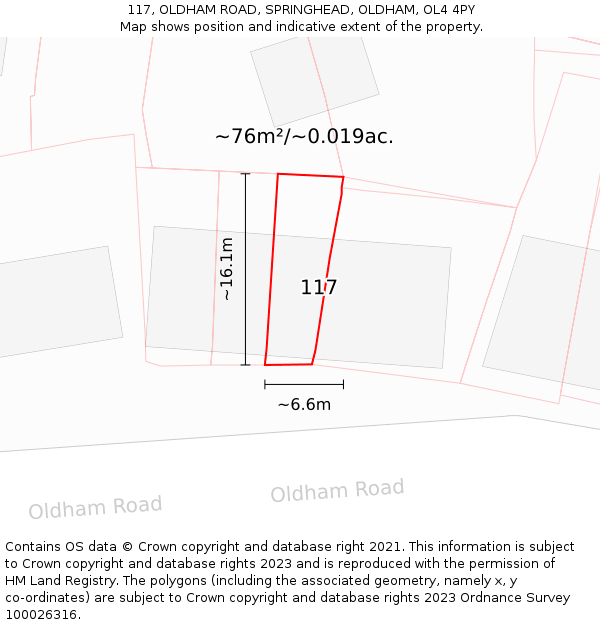 117, OLDHAM ROAD, SPRINGHEAD, OLDHAM, OL4 4PY: Plot and title map