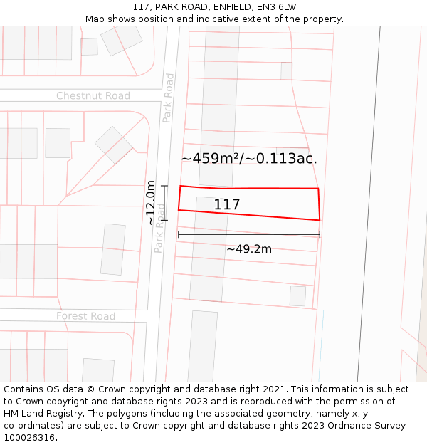 117, PARK ROAD, ENFIELD, EN3 6LW: Plot and title map