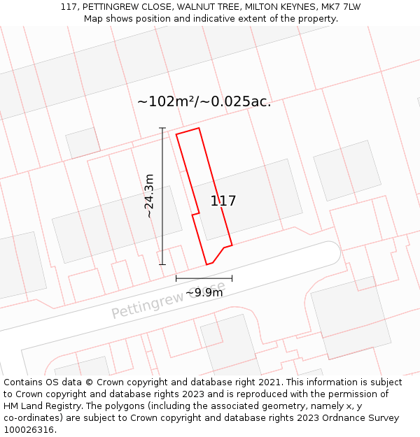 117, PETTINGREW CLOSE, WALNUT TREE, MILTON KEYNES, MK7 7LW: Plot and title map
