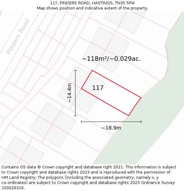117, PINDERS ROAD, HASTINGS, TN35 5PW: Plot and title map