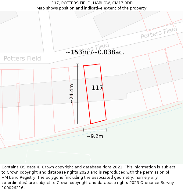 117, POTTERS FIELD, HARLOW, CM17 9DB: Plot and title map