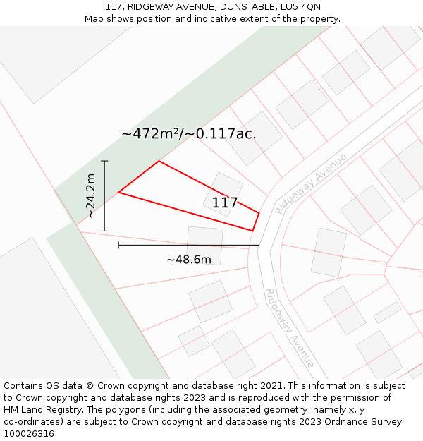 117, RIDGEWAY AVENUE, DUNSTABLE, LU5 4QN: Plot and title map