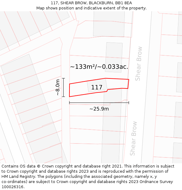117, SHEAR BROW, BLACKBURN, BB1 8EA: Plot and title map