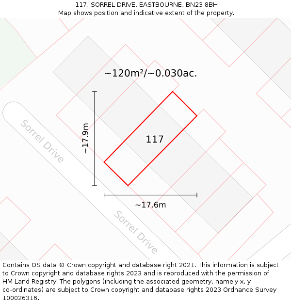 117, SORREL DRIVE, EASTBOURNE, BN23 8BH: Plot and title map
