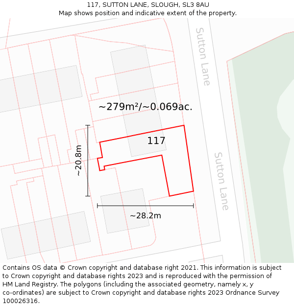 117, SUTTON LANE, SLOUGH, SL3 8AU: Plot and title map