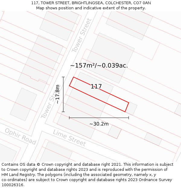 117, TOWER STREET, BRIGHTLINGSEA, COLCHESTER, CO7 0AN: Plot and title map