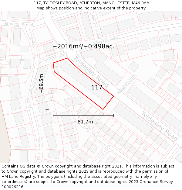 117, TYLDESLEY ROAD, ATHERTON, MANCHESTER, M46 9AA: Plot and title map