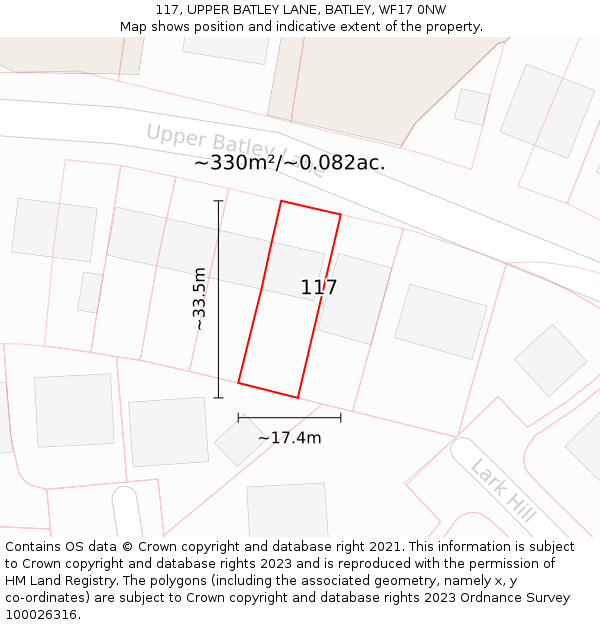 117, UPPER BATLEY LANE, BATLEY, WF17 0NW: Plot and title map