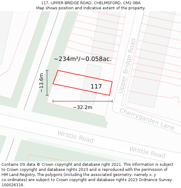 117, UPPER BRIDGE ROAD, CHELMSFORD, CM2 0BA: Plot and title map