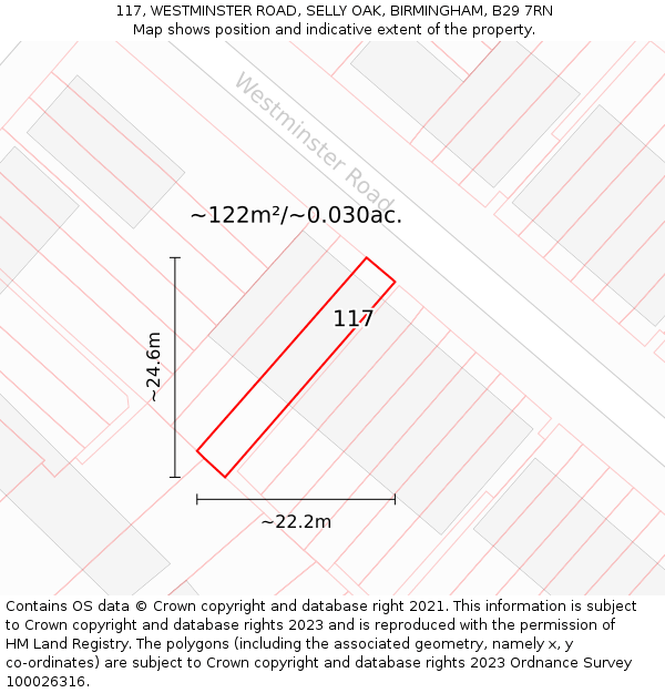 117, WESTMINSTER ROAD, SELLY OAK, BIRMINGHAM, B29 7RN: Plot and title map
