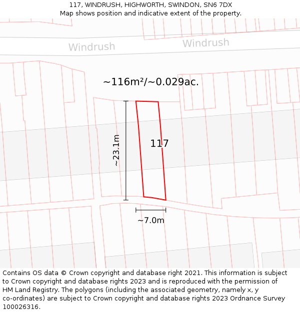 117, WINDRUSH, HIGHWORTH, SWINDON, SN6 7DX: Plot and title map