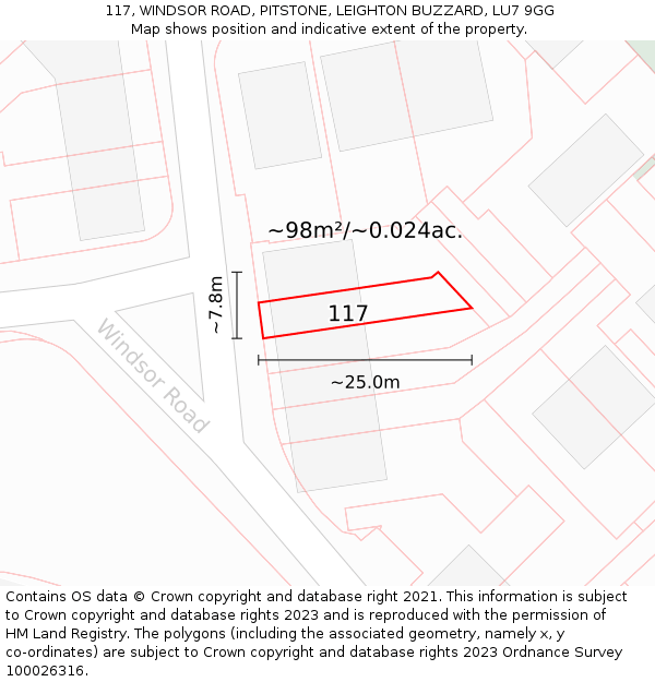 117, WINDSOR ROAD, PITSTONE, LEIGHTON BUZZARD, LU7 9GG: Plot and title map