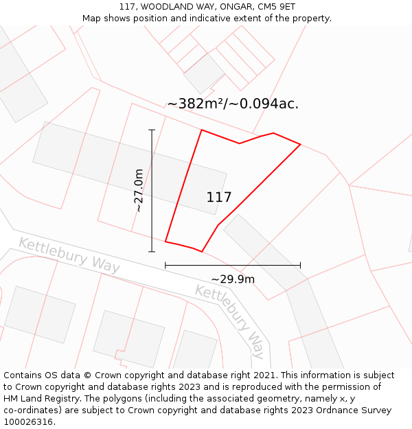 117, WOODLAND WAY, ONGAR, CM5 9ET: Plot and title map