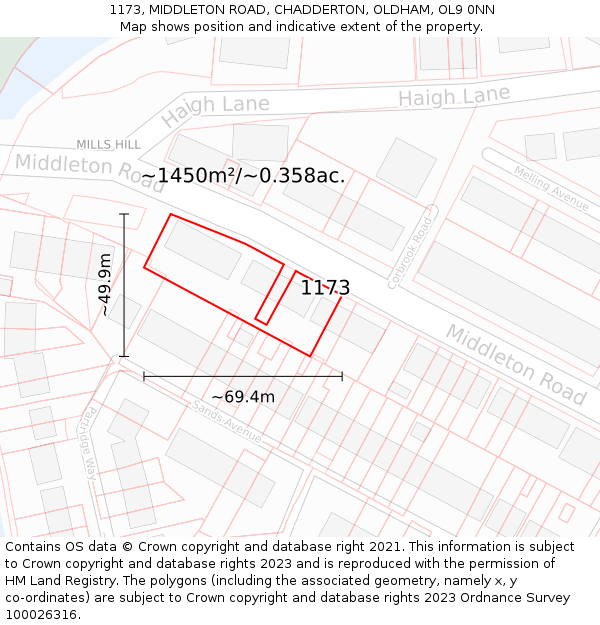 1173, MIDDLETON ROAD, CHADDERTON, OLDHAM, OL9 0NN: Plot and title map