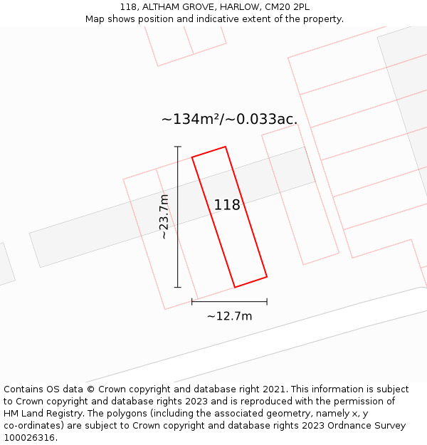 118, ALTHAM GROVE, HARLOW, CM20 2PL: Plot and title map