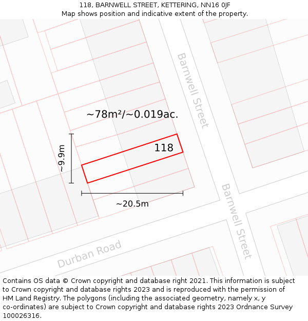 118, BARNWELL STREET, KETTERING, NN16 0JF: Plot and title map
